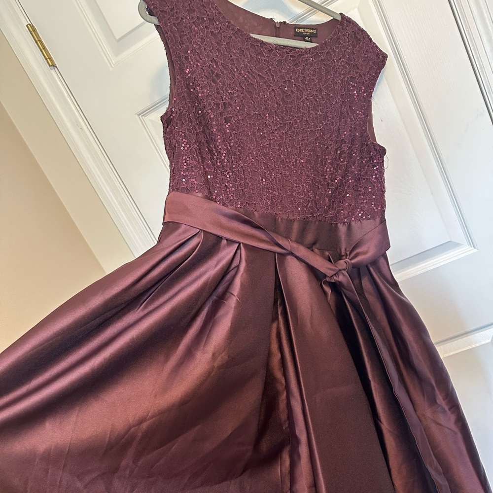 Plum satin sequined ball gown.